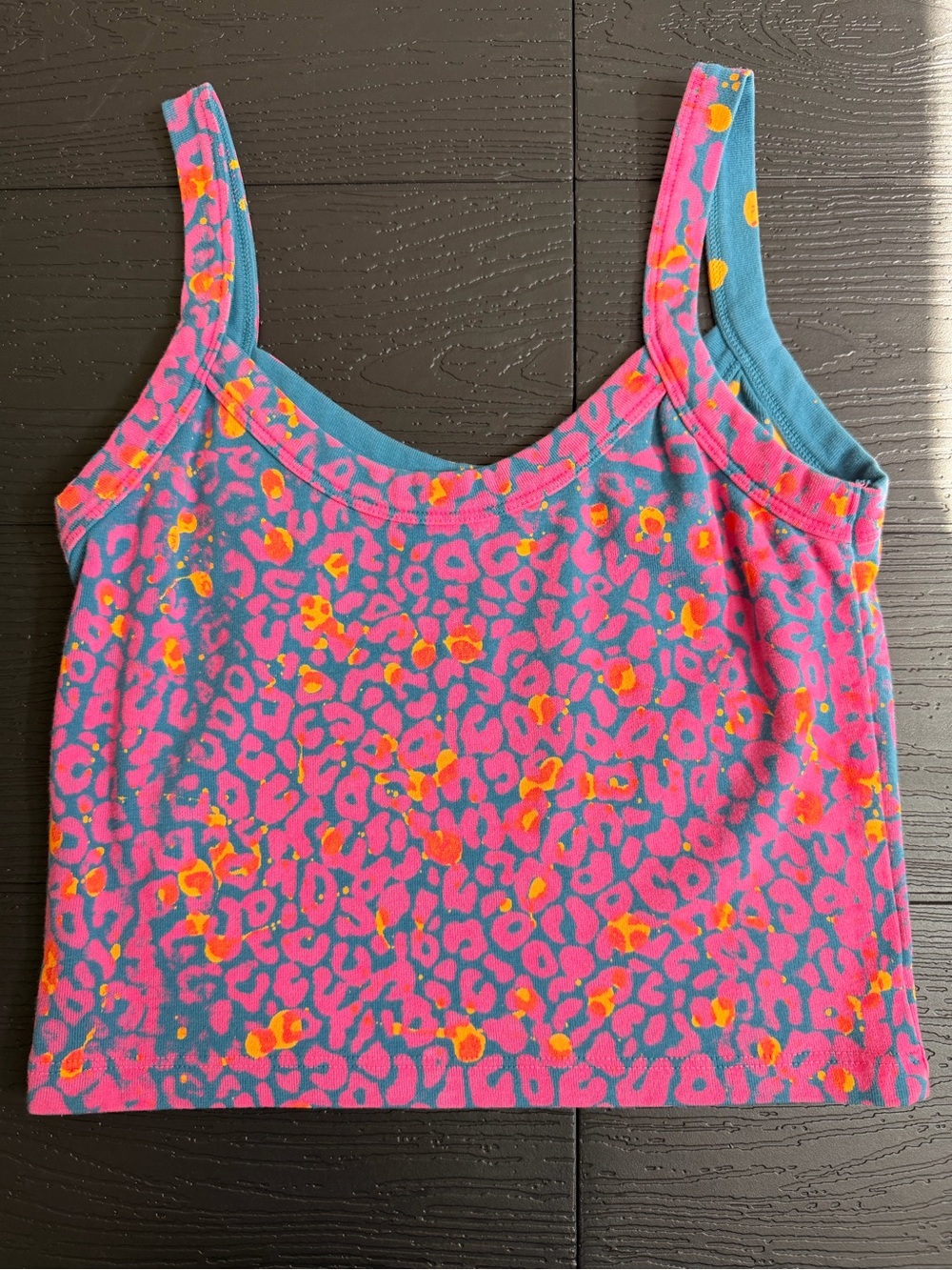 Big Bud Press Pink and Blue Leopard Print Crop Top with Orange Accents